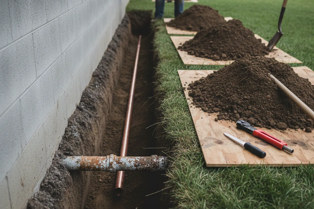 Excavated water line trench during Sewer Line Repair in Boykins